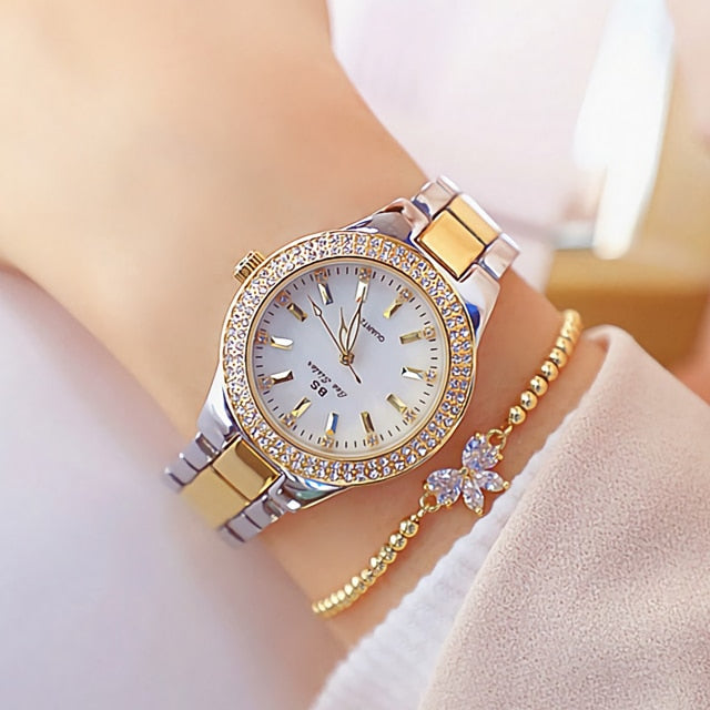 Reloj de pulsera de acero inoxidable para mujer, accesorio de oro con diamantes de cristal, plateado