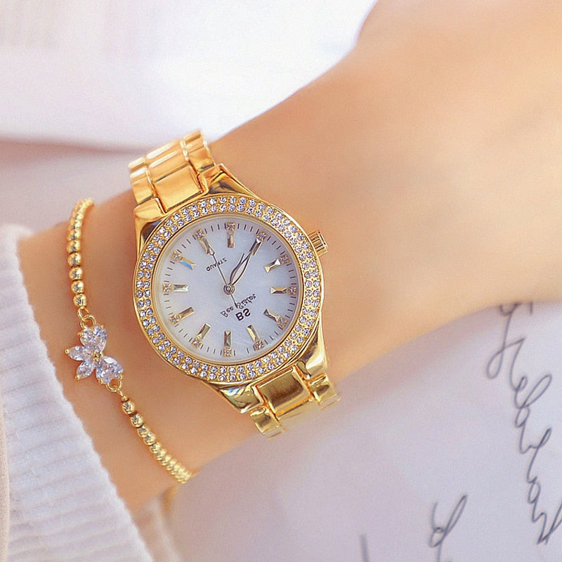 Reloj de pulsera de acero inoxidable para mujer, accesorio de oro con diamantes de cristal, plateado