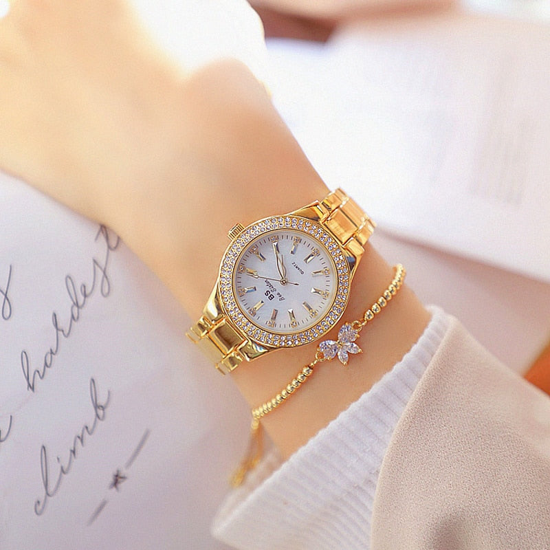 Reloj de pulsera de acero inoxidable para mujer, accesorio de oro con diamantes de cristal, plateado