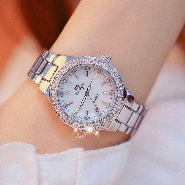 Reloj de pulsera de acero inoxidable para mujer, accesorio de oro con diamantes de cristal, plateado