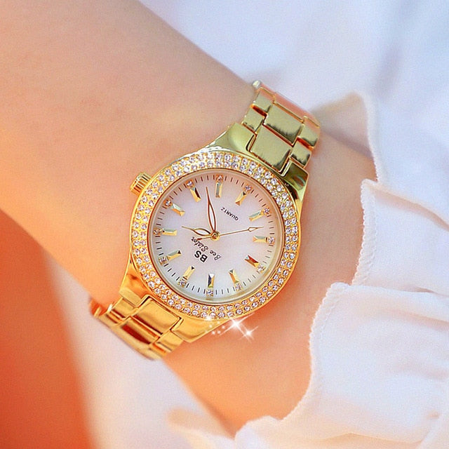 Reloj de pulsera de acero inoxidable para mujer, accesorio de oro con diamantes de cristal, plateado