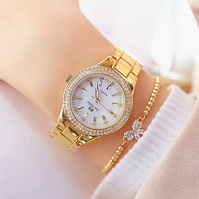 Reloj de pulsera de acero inoxidable para mujer, accesorio de oro con diamantes de cristal, plateado