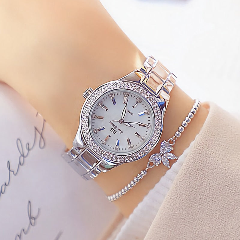 Reloj de pulsera de acero inoxidable para mujer, accesorio de oro con diamantes de cristal, plateado