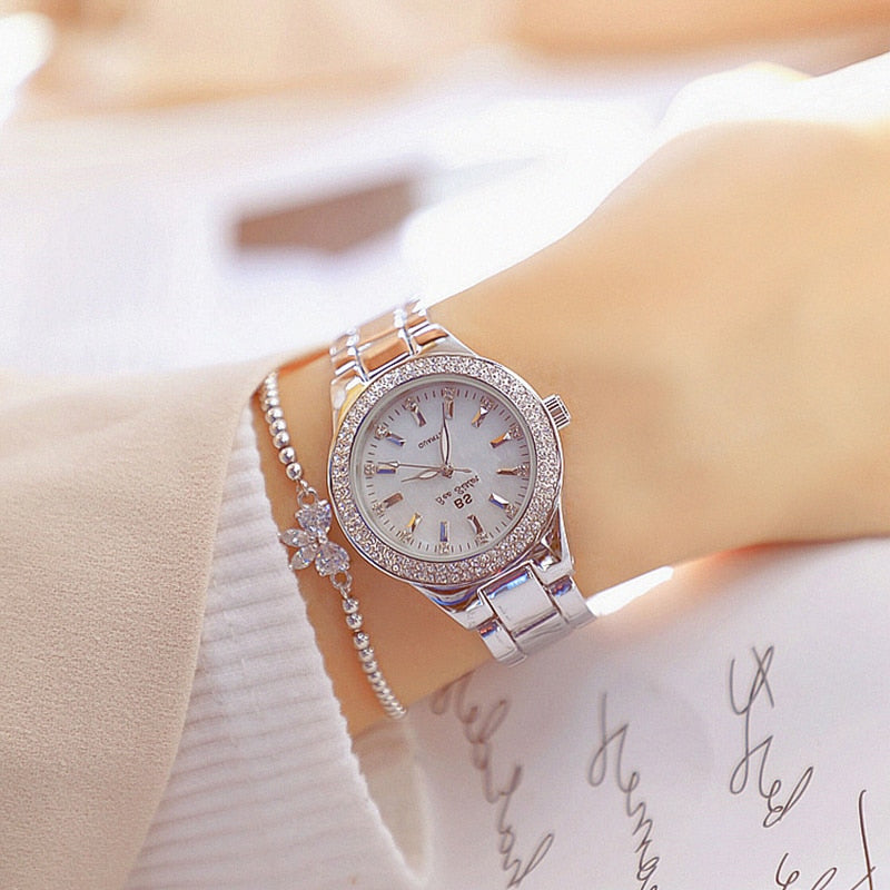 Reloj de pulsera de acero inoxidable para mujer, accesorio de oro con diamantes de cristal, plateado