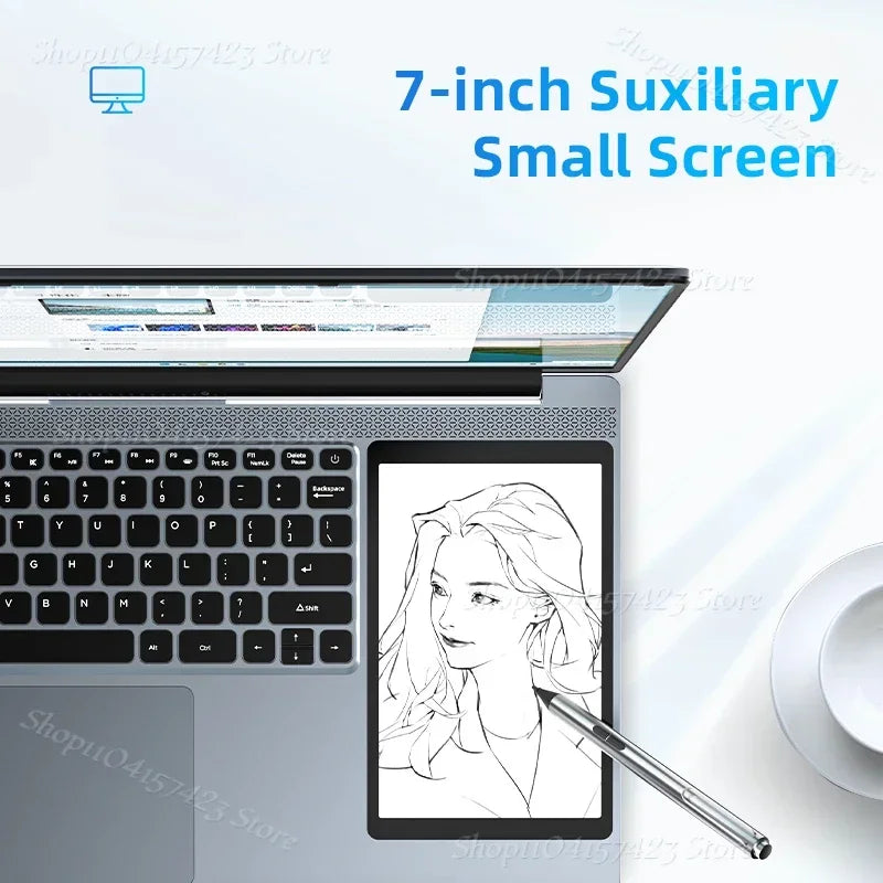 Computadora portátil doble pantalla de 15.6" y pantalla táctil de 7", con 16 GB memoria DDR4 y 2 TB de SSD, intel N100 con Windows 11