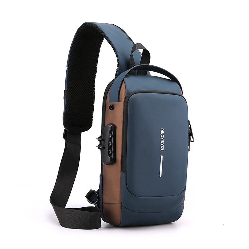 Bolso de pecho para hombre, bandolera impermeable con puerto USB, antirrobo, de viaje, diseño lujoso y moderno.