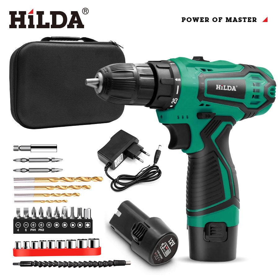 HILDA-taladro eléctrico inalámbrico, destornillador con batería de litio, herramientas eléctricas