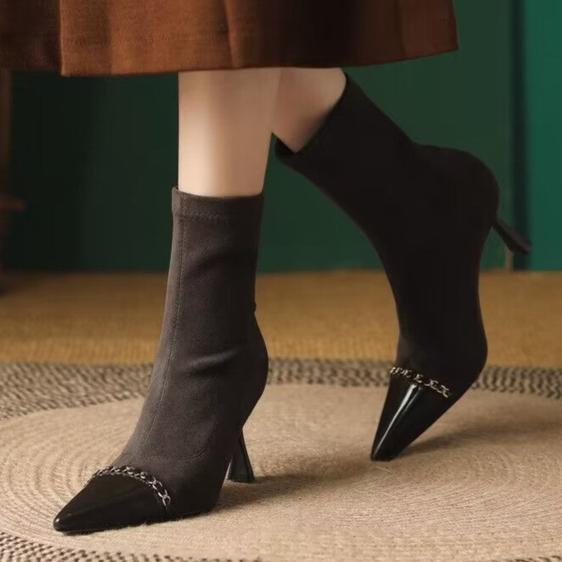 Botines de punta estrecha para mujer, zapatos de tacón alto con cadena, elásticos, finos, elegantes