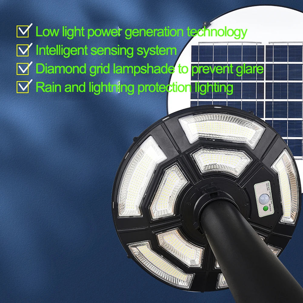 Foco Solar para exteriores, impermeable 6500K, con sensor de movimiento y control de remoto, para estacionamientos y patios.