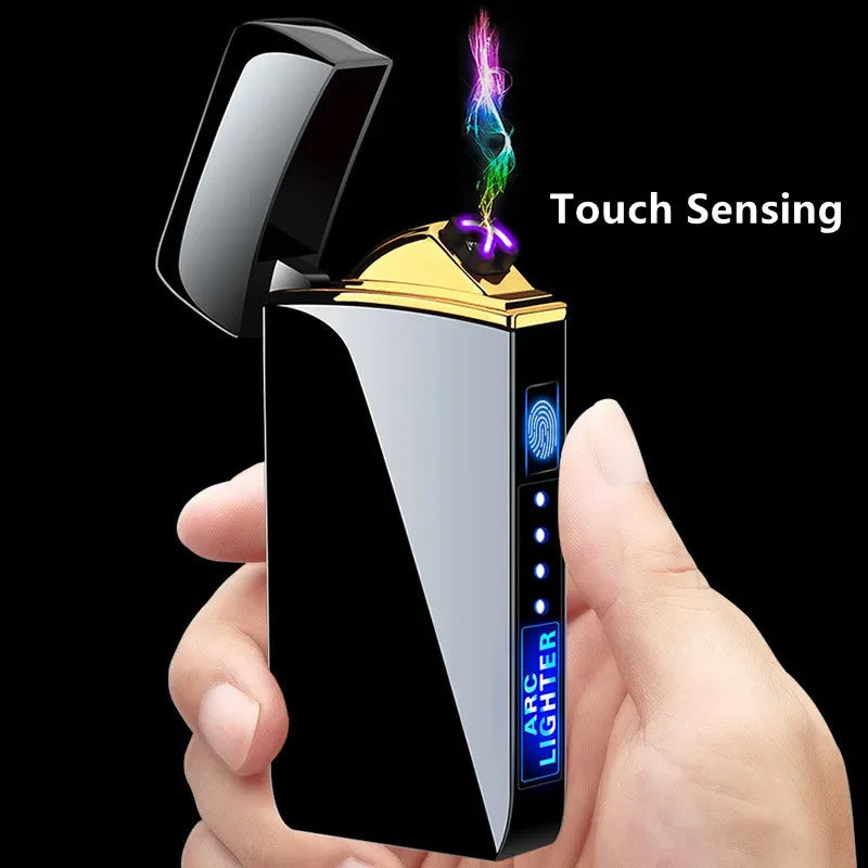 Encendedor eléctrico de metal resistente al viento, de doble arco, sin llama, de plasma, recargable por USB, con sensor táctil y pantalla LED