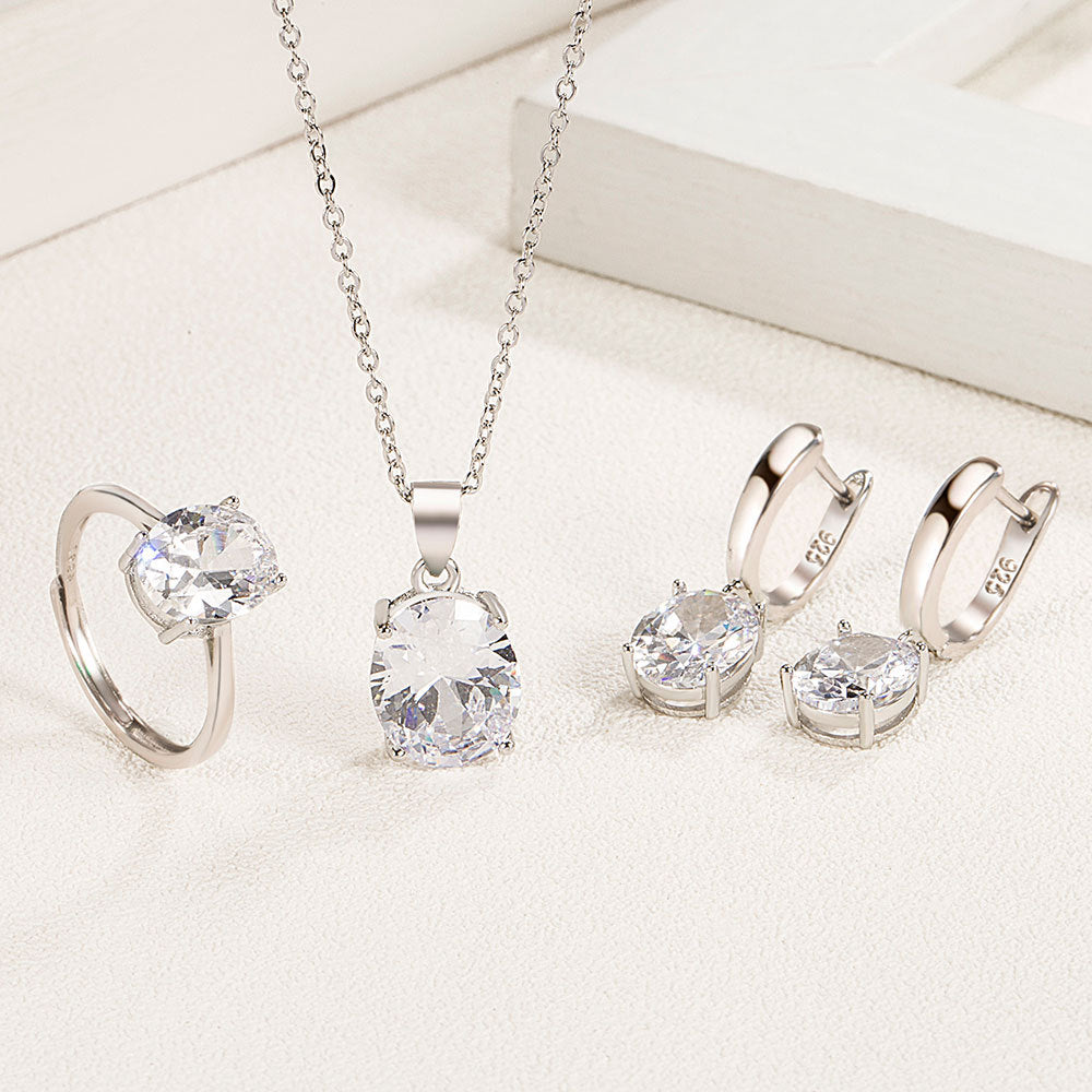 Conjuntos de joyas de plata de ley 925 para mujer, anillo de circón Elipse, collar, pendientes, accesorios de lujo