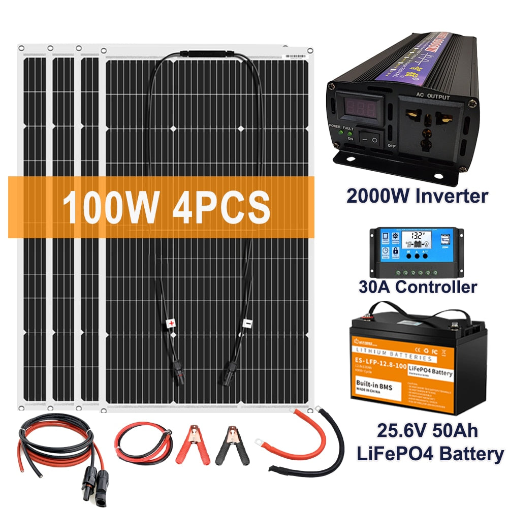 Sistema de generador de energía de Panel Solar de 2000W para el hogar, Kit de inversor de 220V, controlador de batería de 30A, Cargador USB de batería de 12v 100Ah Lifepo4
