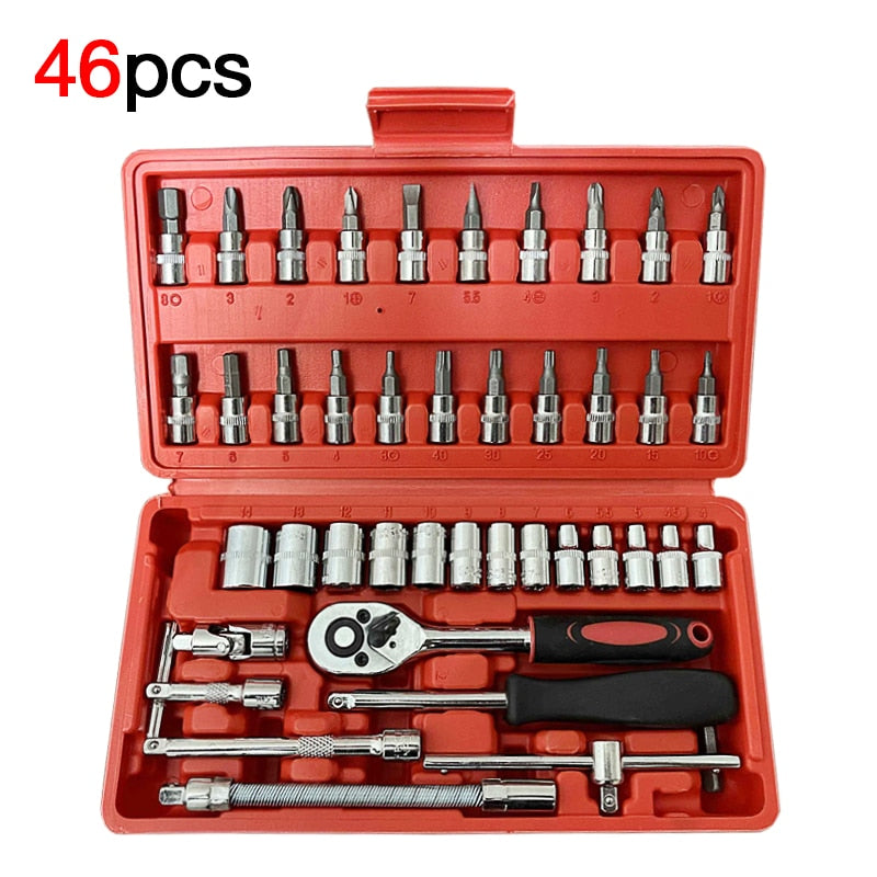 Juego de herramientas de mano para reparación de automóviles, caja de herramientas mecánicas para el hogar, juego de llaves de vaso de 1/4 pulgadas, Kit de reparación de destornillador de trinquete