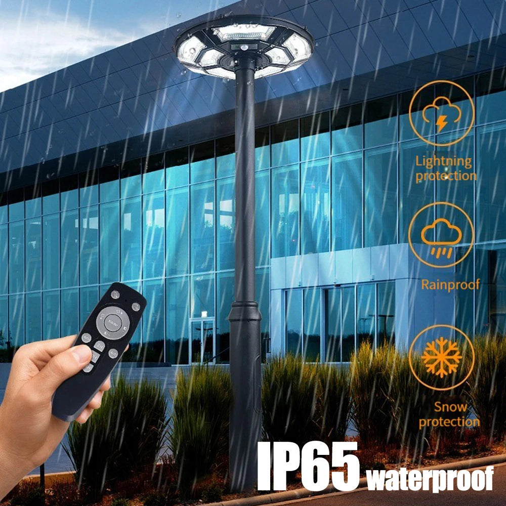Foco Solar para exteriores, impermeable 6500K, con sensor de movimiento y control de remoto, para estacionamientos y patios.
