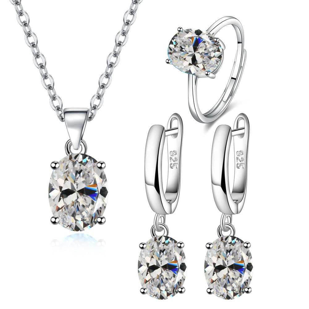 Conjuntos de joyas de plata de ley 925 para mujer, anillo de circón Elipse, collar, pendientes, accesorios de lujo