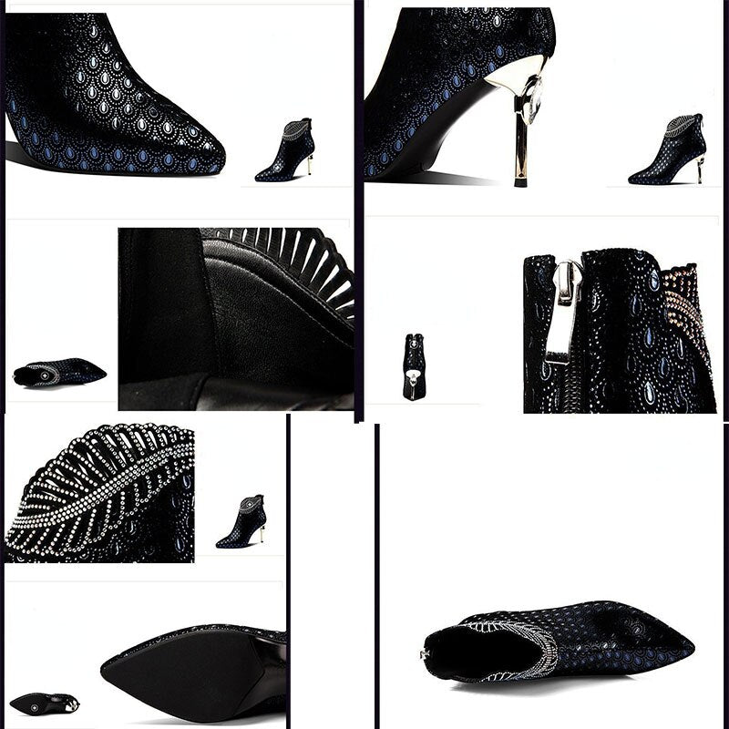 Botas de cuero con estampado de pavo real para mujer, tacones altos en relieve, Stilettos de punta estrecha elegantes, zapatos de fiesta de banquete, otoño