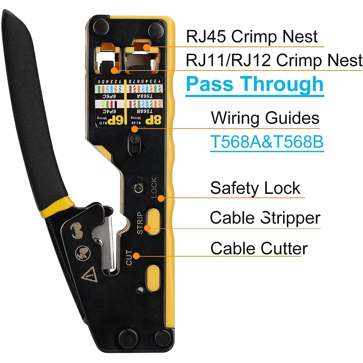Herramienta de crimpado RJ45, cortador de crimpado de paso para Cat6, Cat5, Cat5e, 8P8C, conector Modular, Ethernet, todo en uno