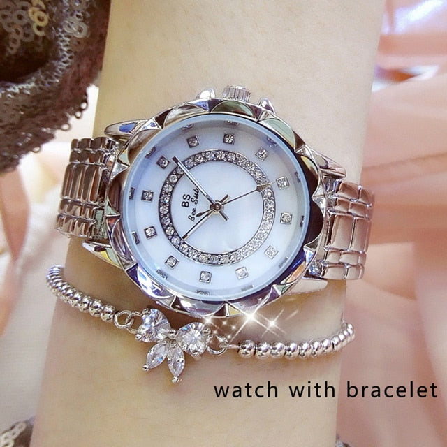 Reloj de pulsera de acero inoxidable para mujer, accesorio de oro con diamantes de cristal, plateado