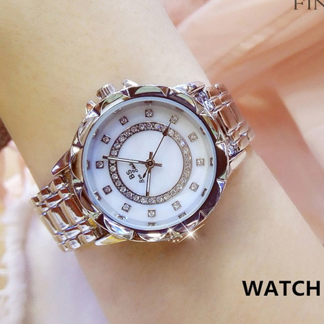 Reloj de pulsera de acero inoxidable para mujer, accesorio de oro con diamantes de cristal, plateado