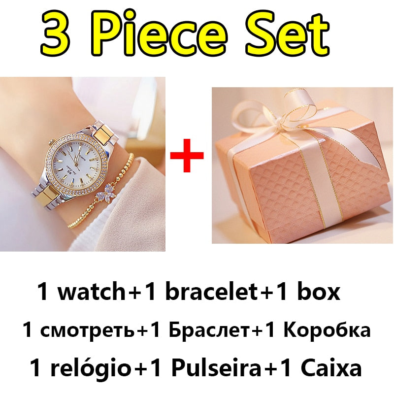 Reloj de pulsera de acero inoxidable para mujer, accesorio de oro con diamantes de cristal, plateado