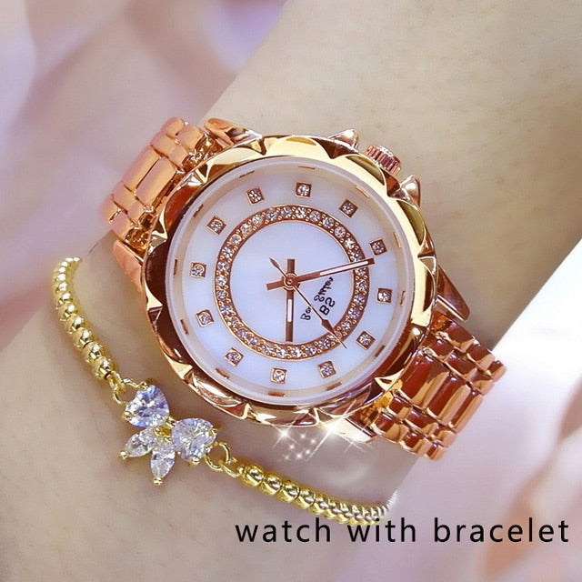 Reloj de pulsera de acero inoxidable para mujer, accesorio de oro con diamantes de cristal, plateado