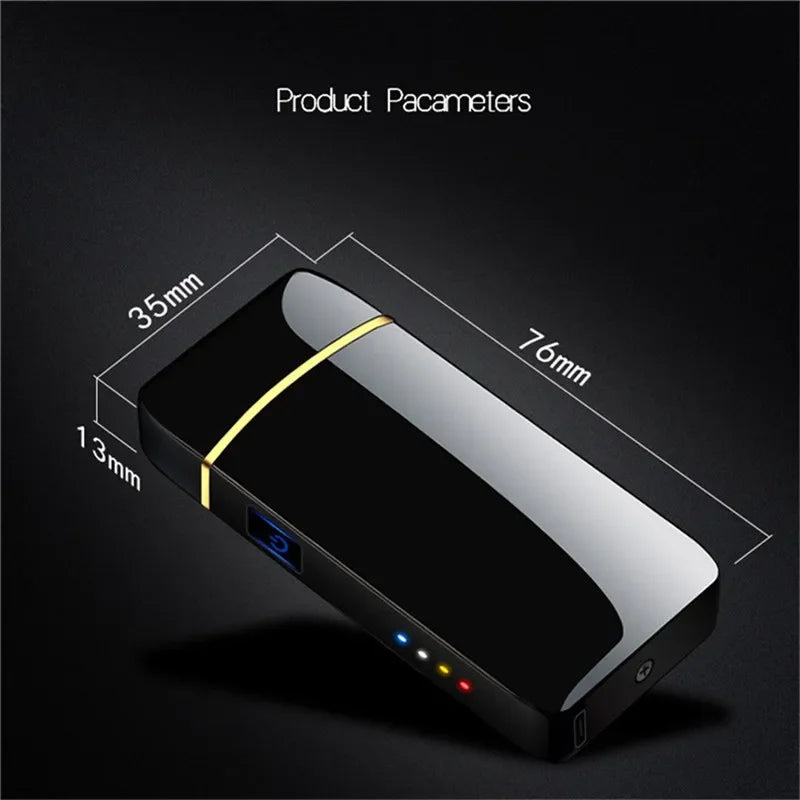 Encendedor eléctrico de metal resistente al viento, de doble arco, sin llama, de plasma, recargable por USB, con sensor táctil y pantalla LED