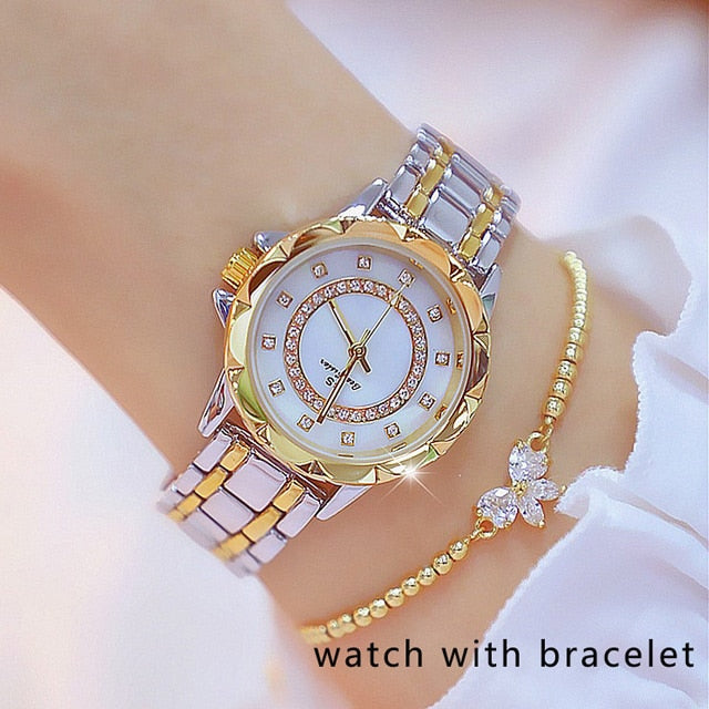 Reloj de pulsera de acero inoxidable para mujer, accesorio de oro con diamantes de cristal, plateado