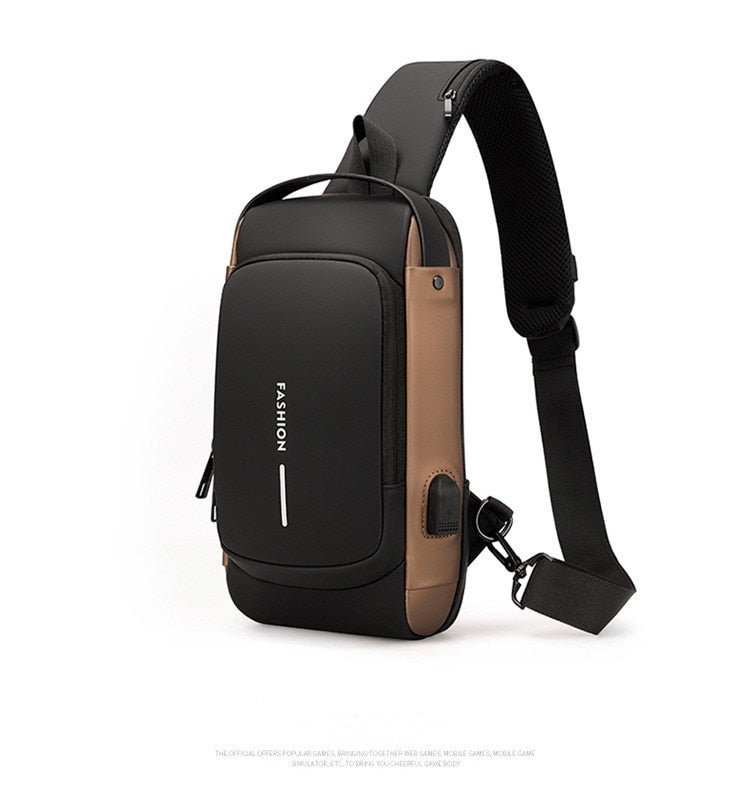 Bolso de pecho para hombre, bandolera impermeable con puerto USB, antirrobo, de viaje, diseño lujoso y moderno.