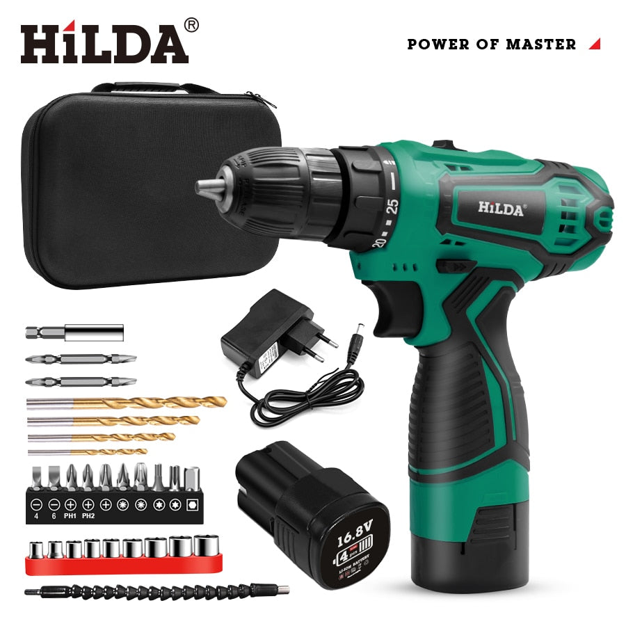 HILDA-taladro eléctrico inalámbrico, destornillador con batería de litio, herramientas eléctricas