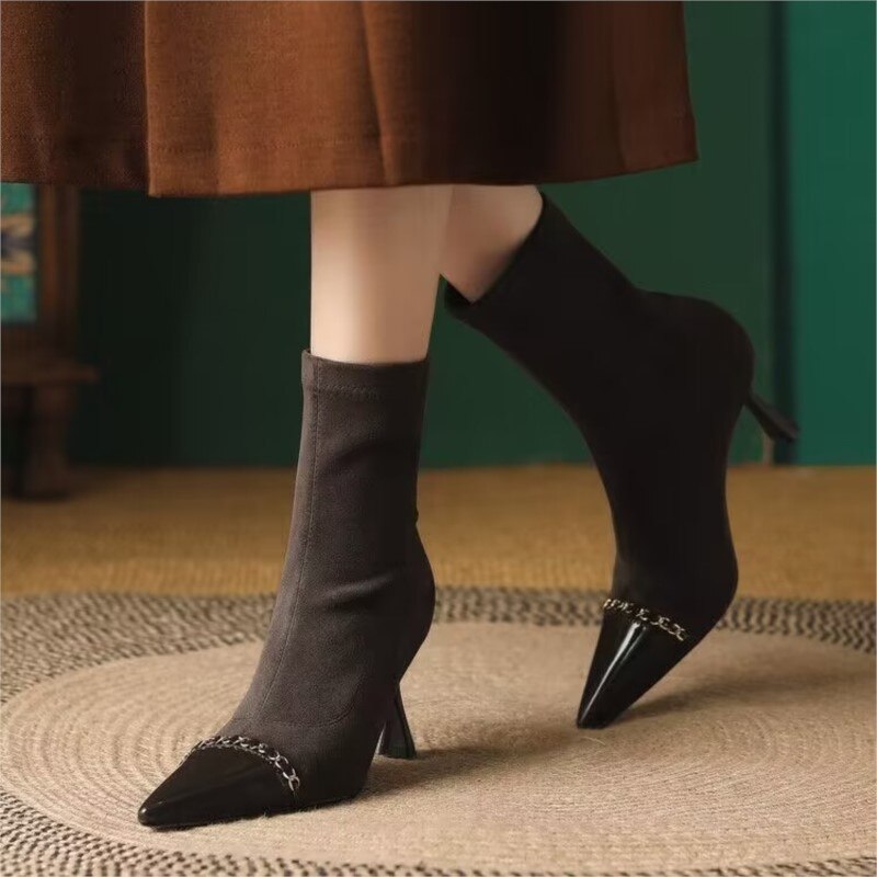 Botines de punta estrecha para mujer, zapatos de tacón alto con cadena, elásticos, finos, elegantes