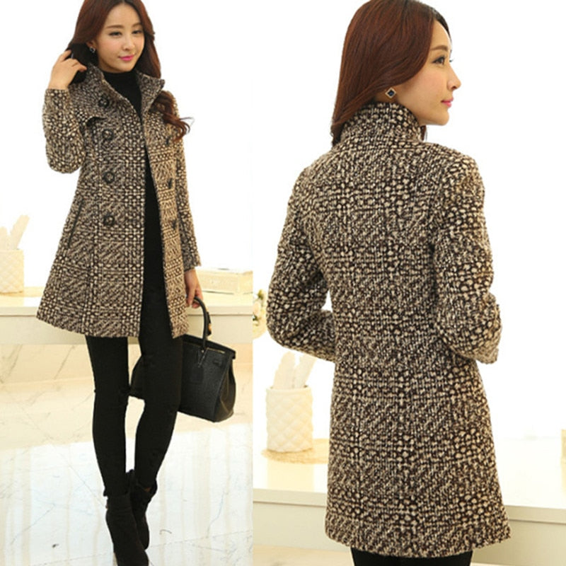 Abrigo de lana para mujer, moda otoño invierno, cuello alto a cuadros, ajustado, largo