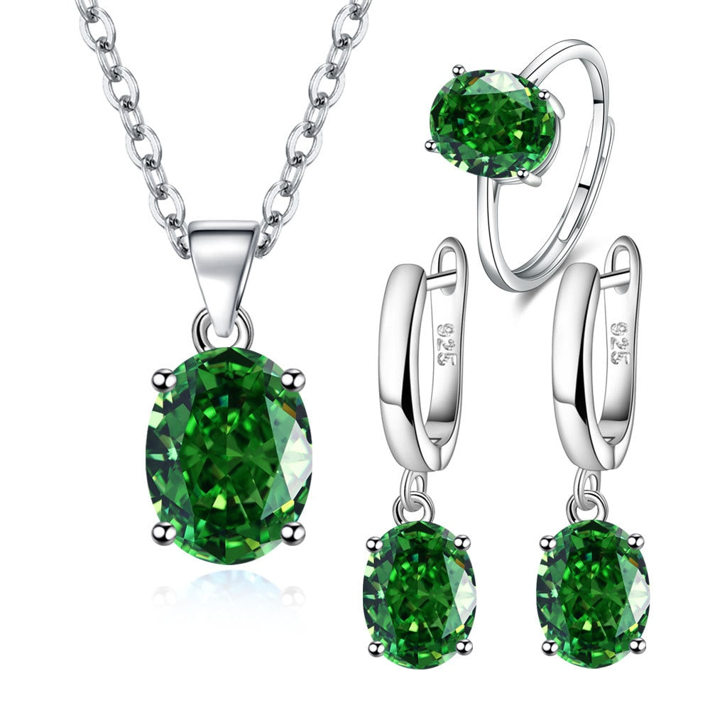 Conjuntos de joyas de plata de ley 925 para mujer, anillo de circón Elipse, collar, pendientes, accesorios de lujo