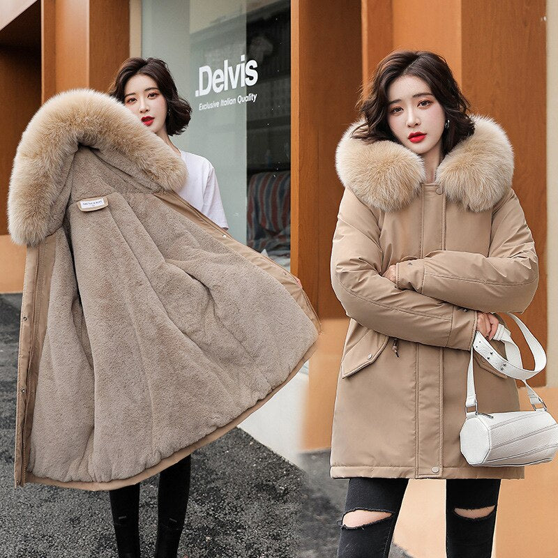Abrigo largo con forro de lana con capucha, chaqueta de invierno ajustada al cuello, acolchada