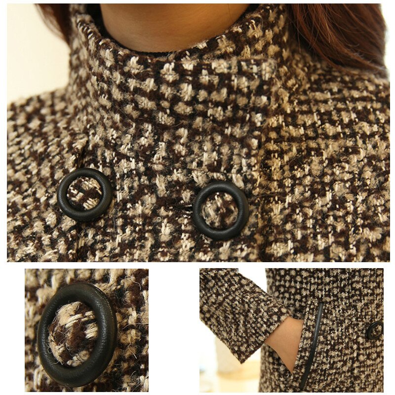 Abrigo de lana para mujer, moda otoño invierno, cuello alto a cuadros, ajustado, largo
