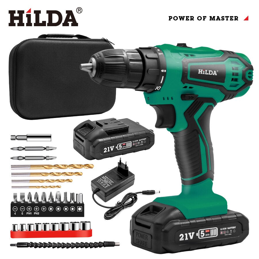HILDA-taladro eléctrico inalámbrico, destornillador con batería de litio, herramientas eléctricas
