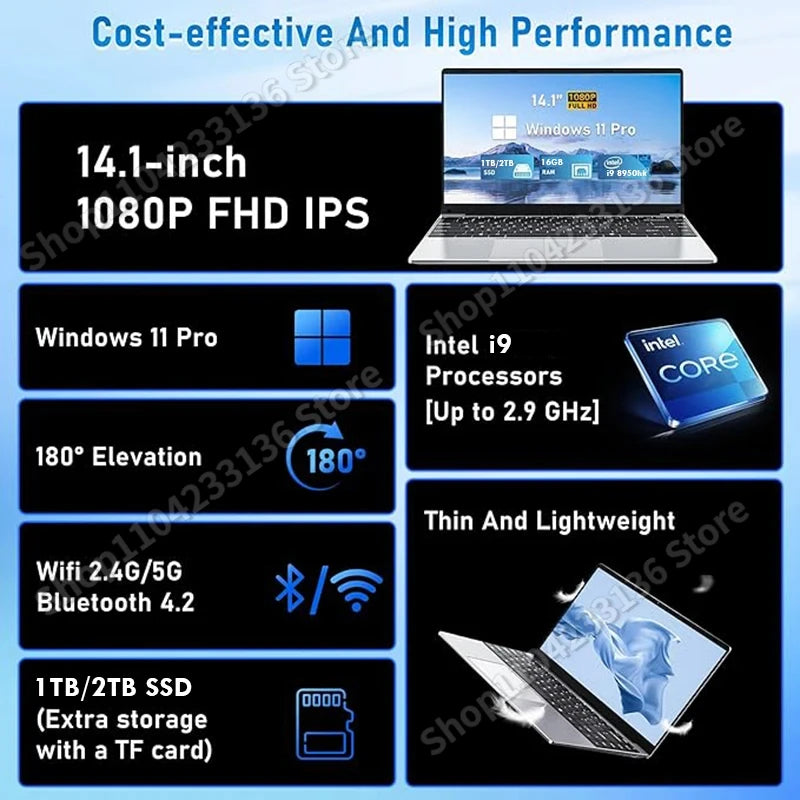 Computadora portatil Intel i9 14.1", Windows 11, para juegos, oficina, estudio
