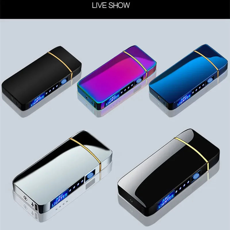 Encendedor eléctrico de metal resistente al viento, de doble arco, sin llama, de plasma, recargable por USB, con sensor táctil y pantalla LED