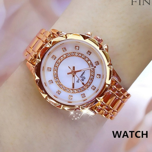Reloj de pulsera de acero inoxidable para mujer, accesorio de oro con diamantes de cristal, plateado
