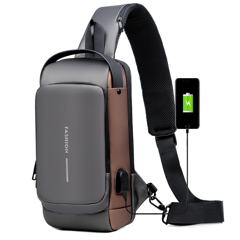 Bolso de pecho para hombre, bandolera impermeable con puerto USB, antirrobo, de viaje, diseño lujoso y moderno.