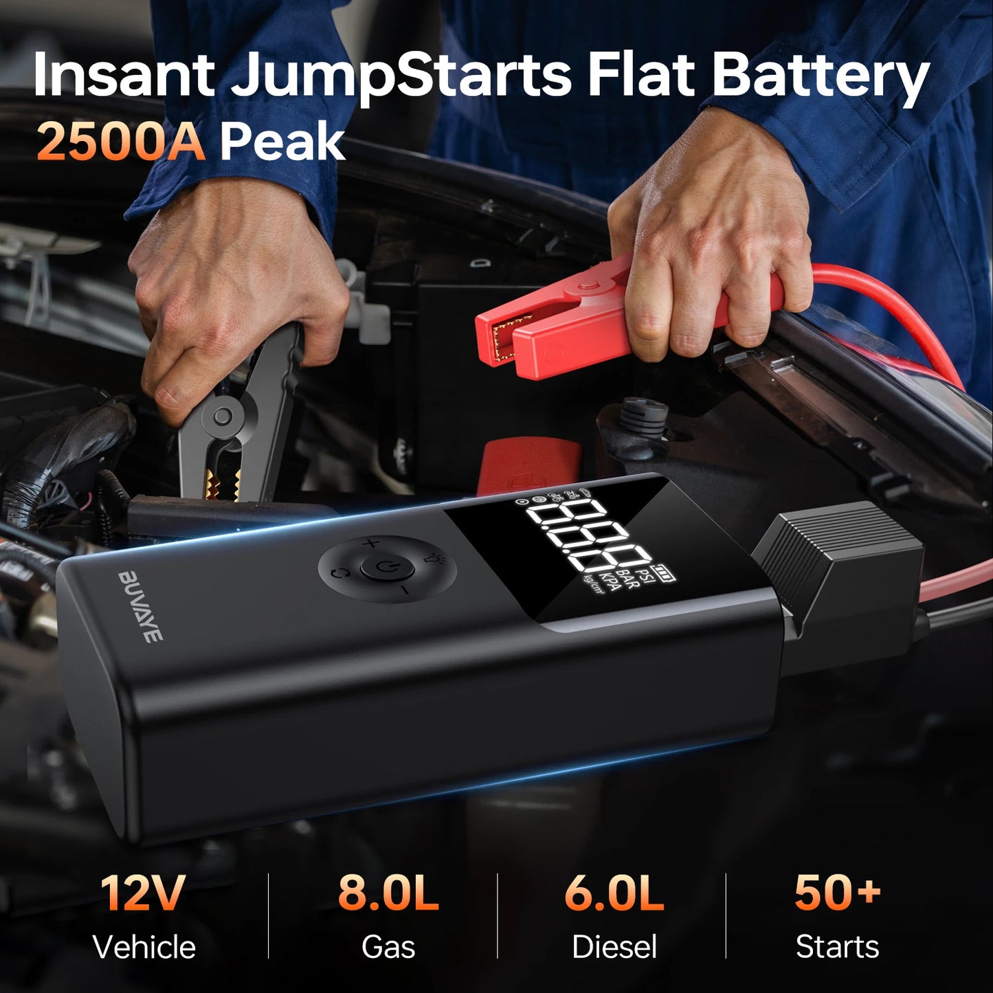 Arrancador de batería portátil 12V, compresor de aire 150 PSI, para automóviles a gasolina o diesel, uso rudo.