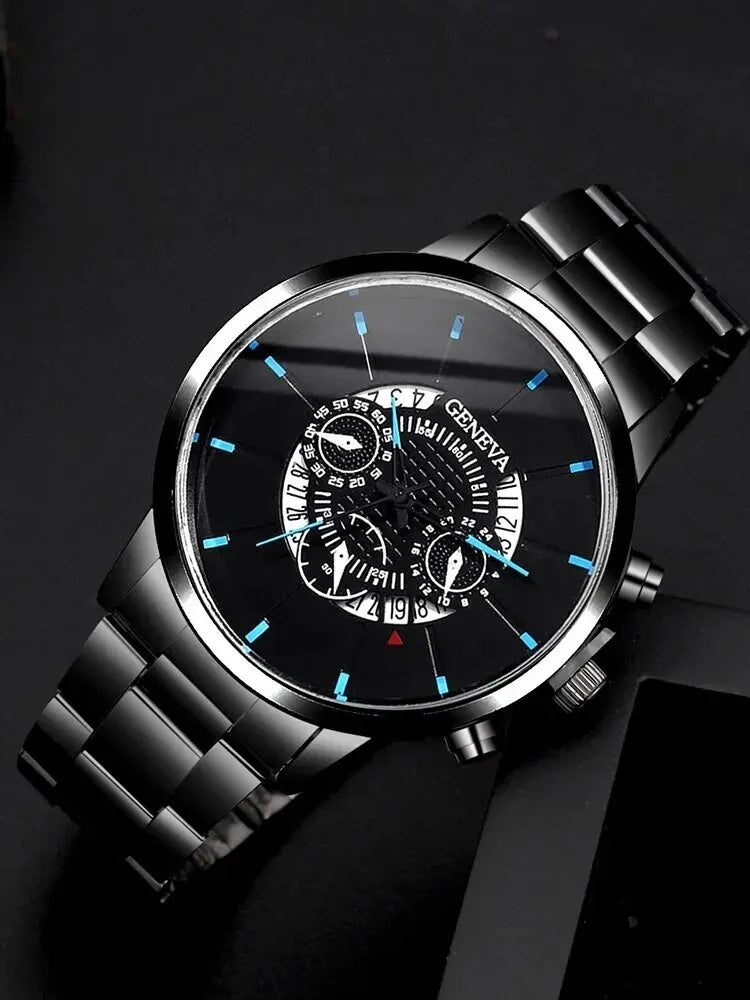 Reloj de pulsera de cuero sintético, con correa de acero negra, moda formal 2 piezas