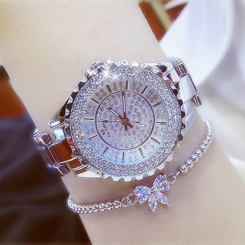 Reloj de pulsera de acero inoxidable para mujer, accesorio de oro con diamantes de cristal, plateado