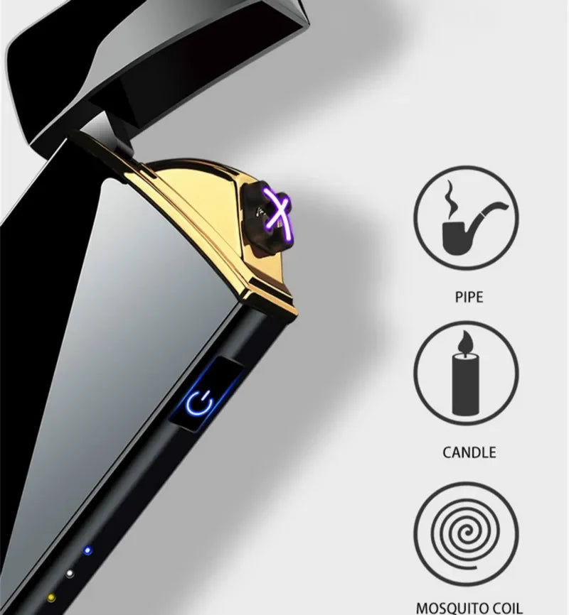 Encendedor eléctrico de metal resistente al viento, de doble arco, sin llama, de plasma, recargable por USB, con sensor táctil y pantalla LED