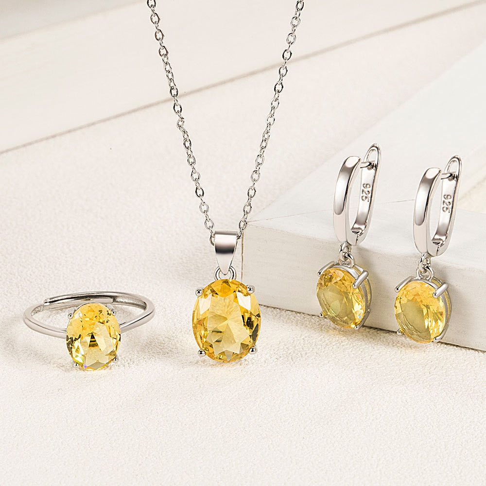 Conjuntos de joyas de plata de ley 925 para mujer, anillo de circón Elipse, collar, pendientes, accesorios de lujo