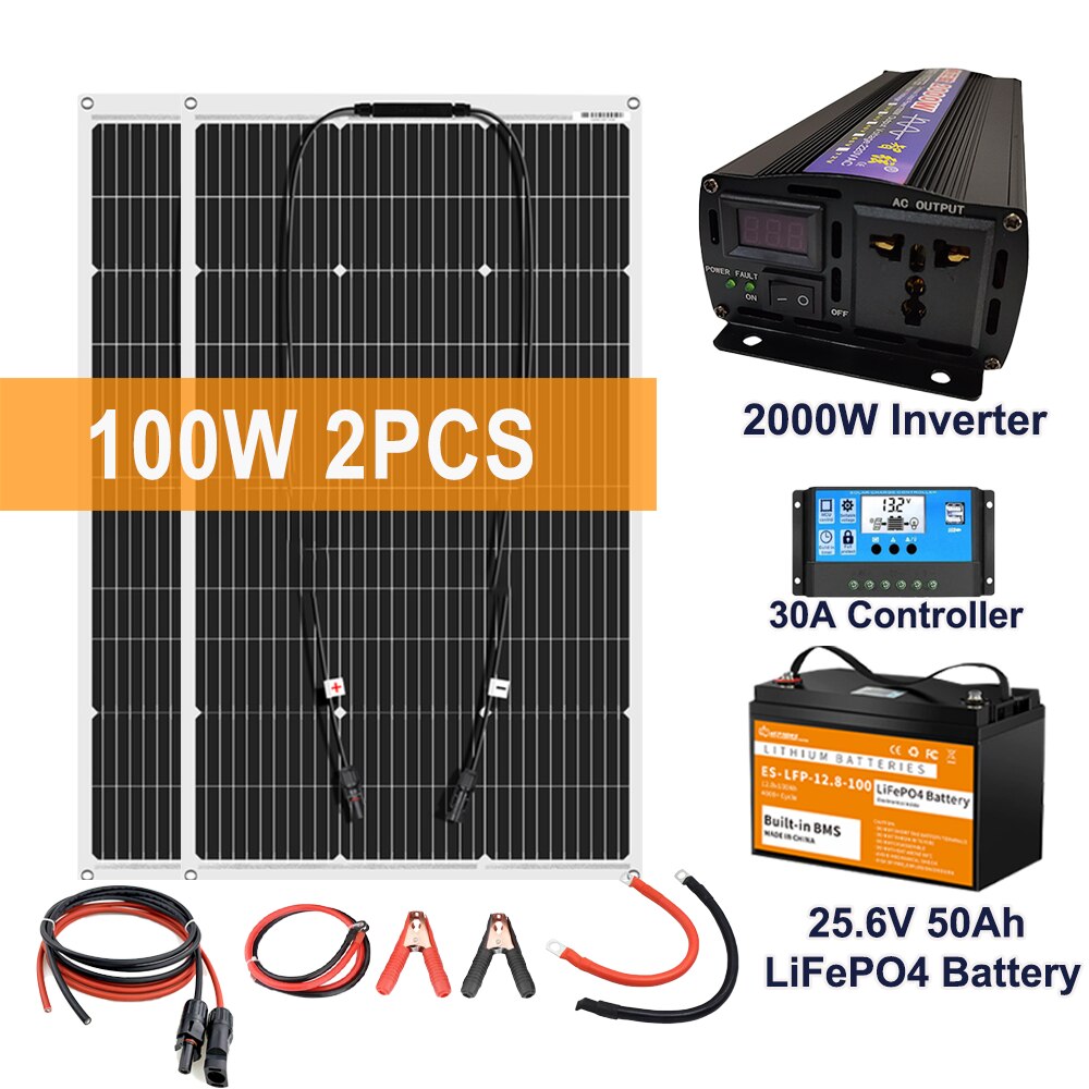 Sistema de generador de energía de Panel Solar de 2000W para el hogar, Kit de inversor de 220V, controlador de batería de 30A, Cargador USB de batería de 12v 100Ah Lifepo4