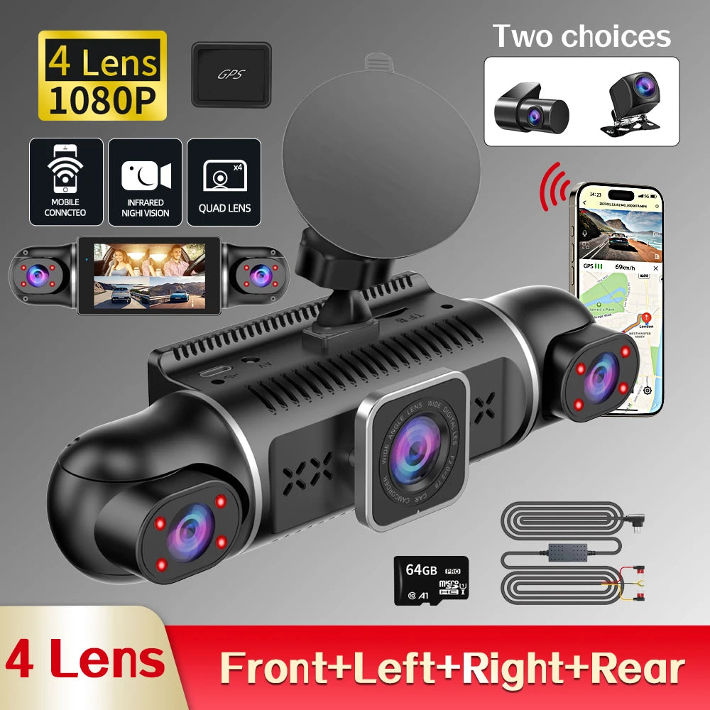 Cámara WiFi GPS, para coche vision 360 grados, 4 lentes, incluye cámara trasera, control por aplicacion, sensor de proximidad, grabadora de video HD1080P