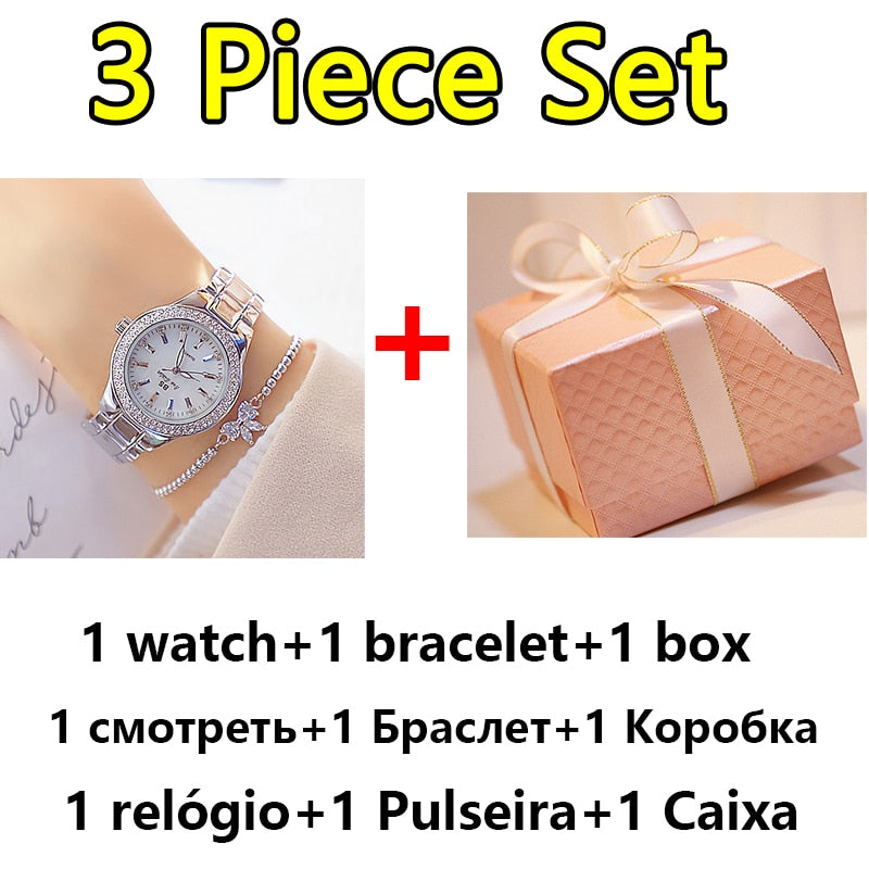 Reloj de pulsera de acero inoxidable para mujer, accesorio de oro con diamantes de cristal, plateado