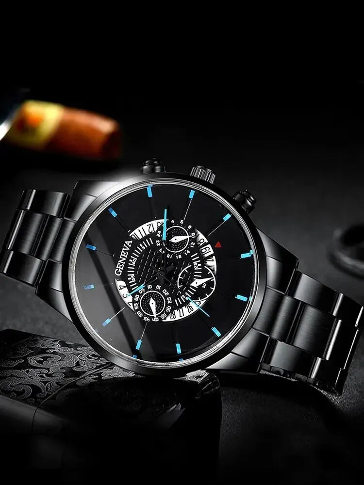 Reloj de pulsera de cuero sintético, con correa de acero negra, moda formal 2 piezas