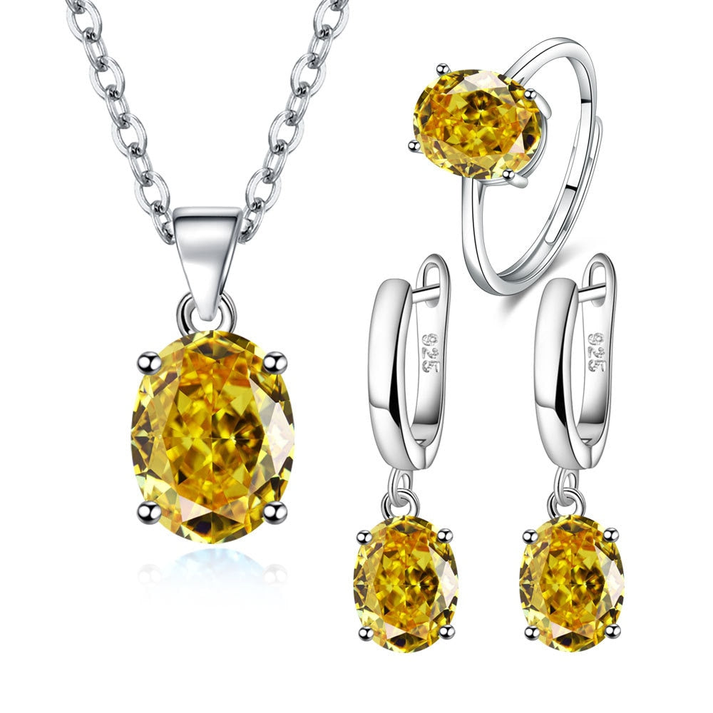 Conjuntos de joyas de plata de ley 925 para mujer, anillo de circón Elipse, collar, pendientes, accesorios de lujo
