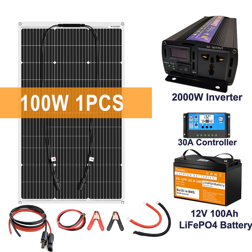 Sistema de generador de energía de Panel Solar de 2000W para el hogar, Kit de inversor de 220V, controlador de batería de 30A, Cargador USB de batería de 12v 100Ah Lifepo4